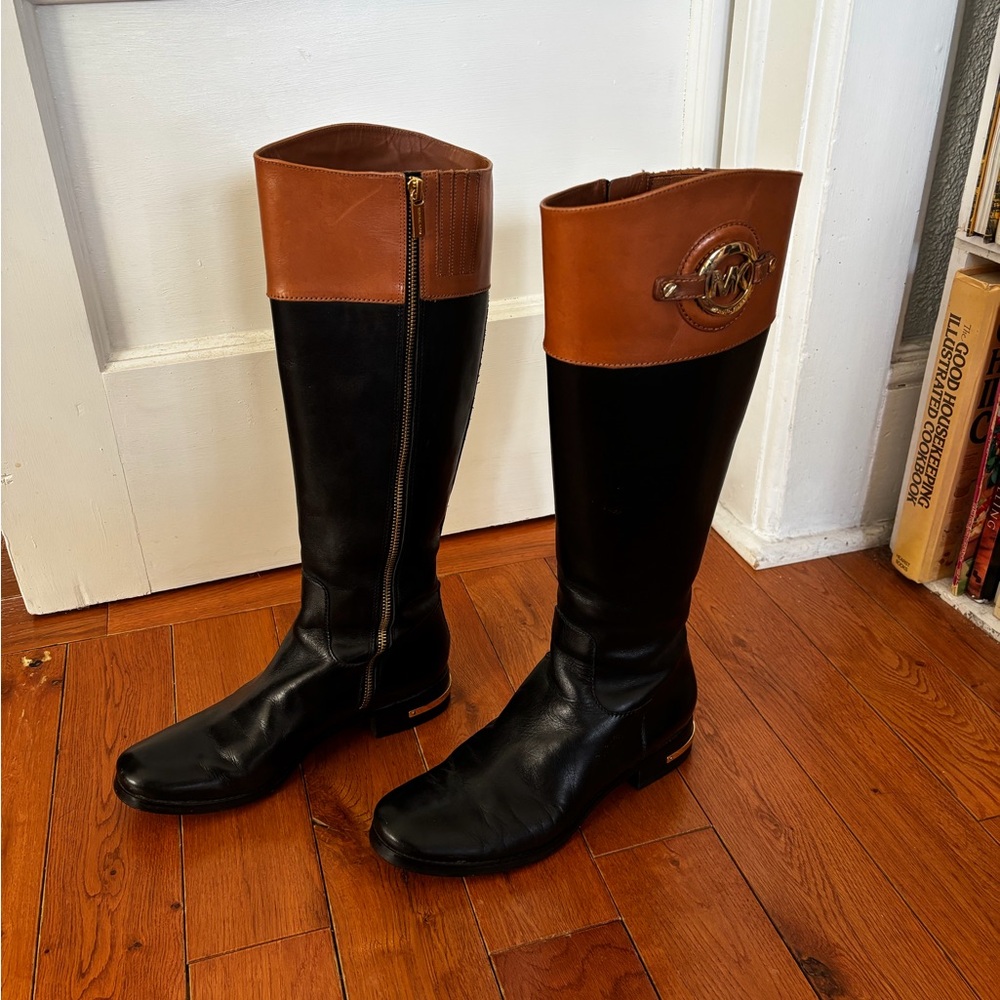 Michael Kors Women,s  Black and Tan Logo Riding Boots